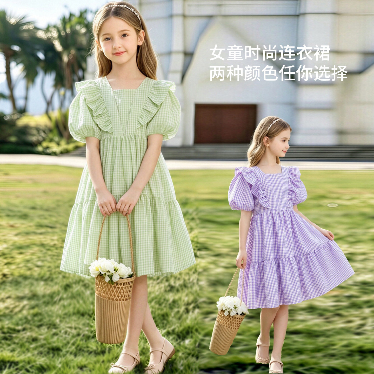 女童连衣裙夏季2026新款洋气漂亮女孩泡泡袖棉布裙子学院风公主裙