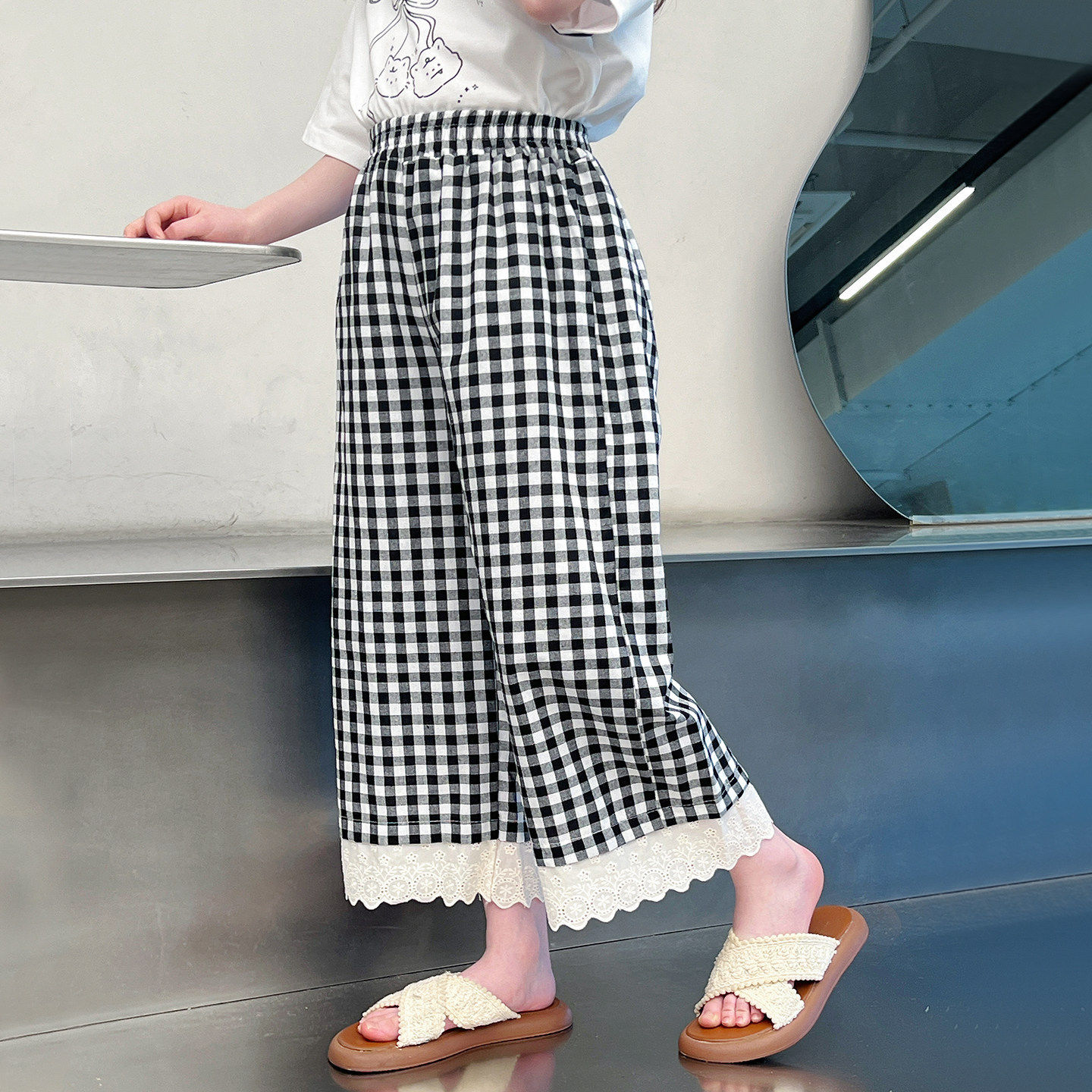 女童七分阔腿裤子儿童洋气格子休闲长裤大童防蚊裤2026夏装新款