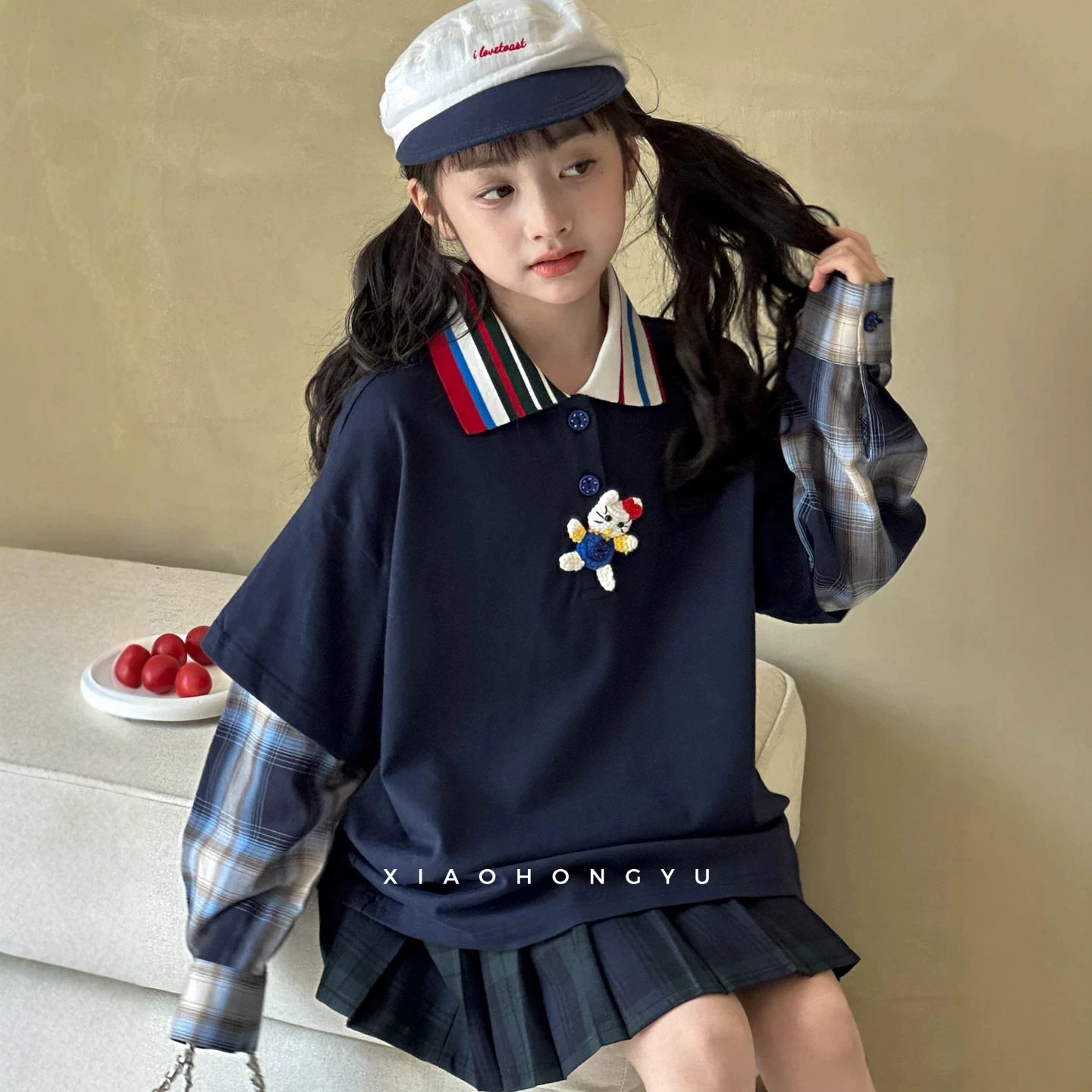 小红鱼女童翻领拼接卫衣秋装2026新款韩国童装洋气秋季亲子装上衣
