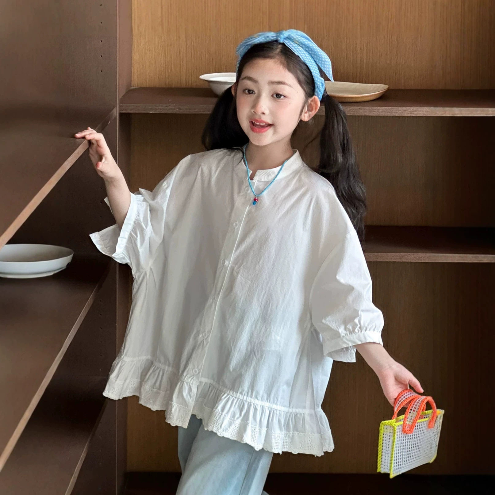 小红鱼女童短袖衬衫夏装2026新款女大童夏季轻薄娃娃衫亲子装上衣