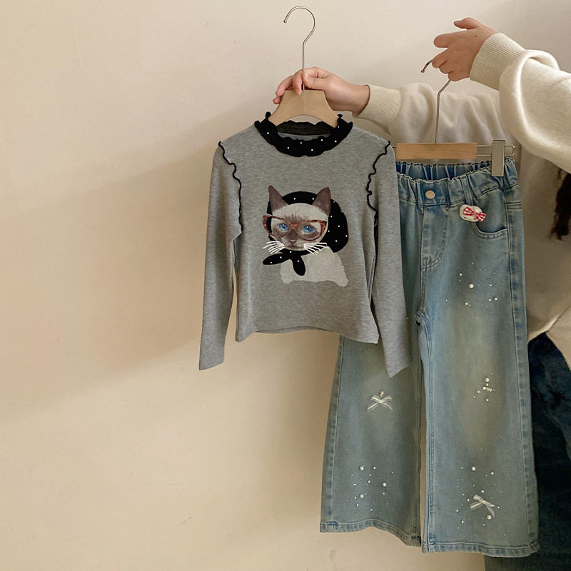 女童卡通波点花边长袖T恤春秋季儿童时髦百搭蝴蝶结牛仔长裤套装