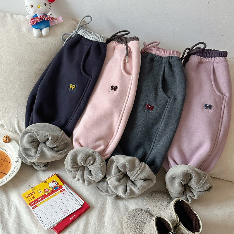 女童冬款撸猫绒密保暖火炉卫裤儿童加绒裤子2025秋冬新款简约一体
