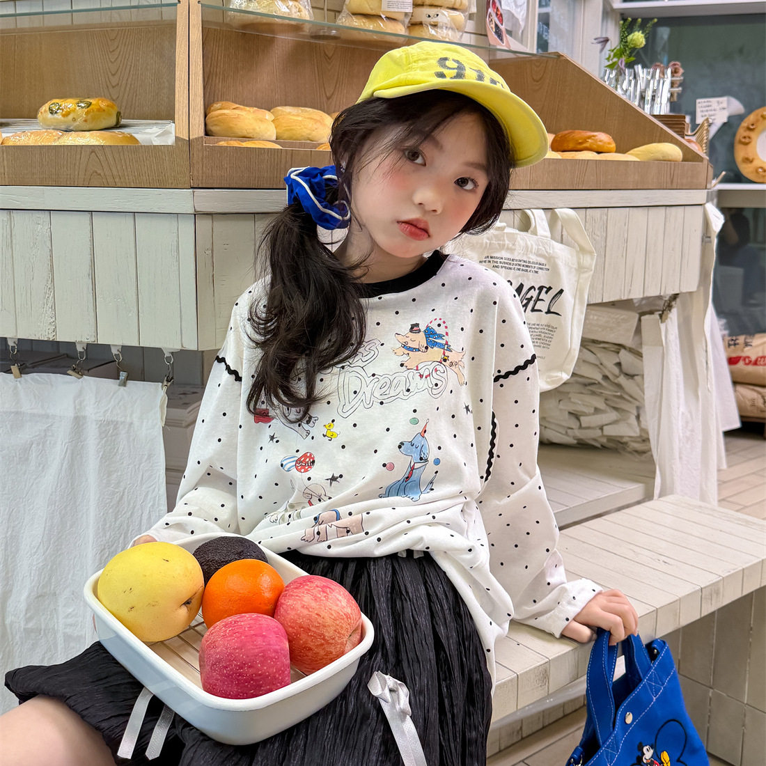 花与寻女童T恤2026年夏季新款韩系卡通波点印花长袖t甜酷少女风潮