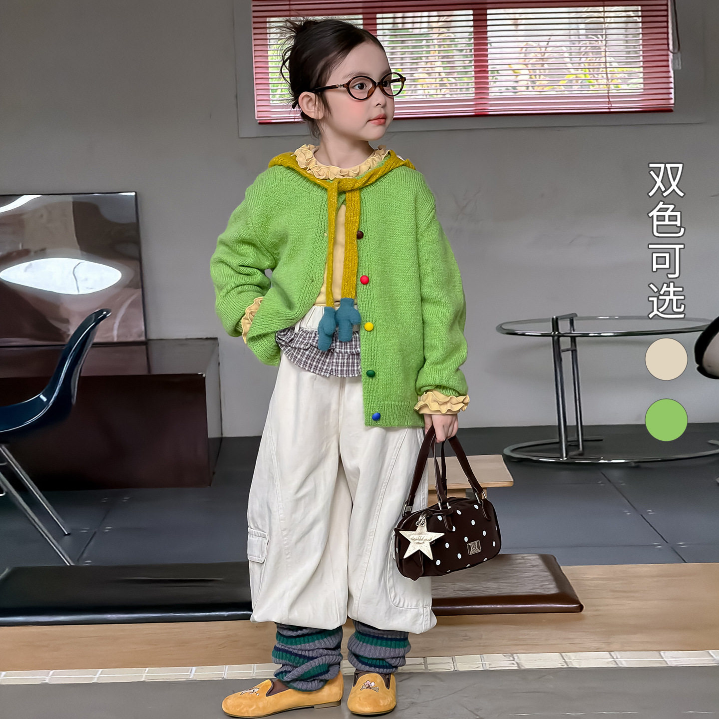 女童秋季绿色彩扣针织开衫2026新款中大童女孩设计感宽松秋装外套