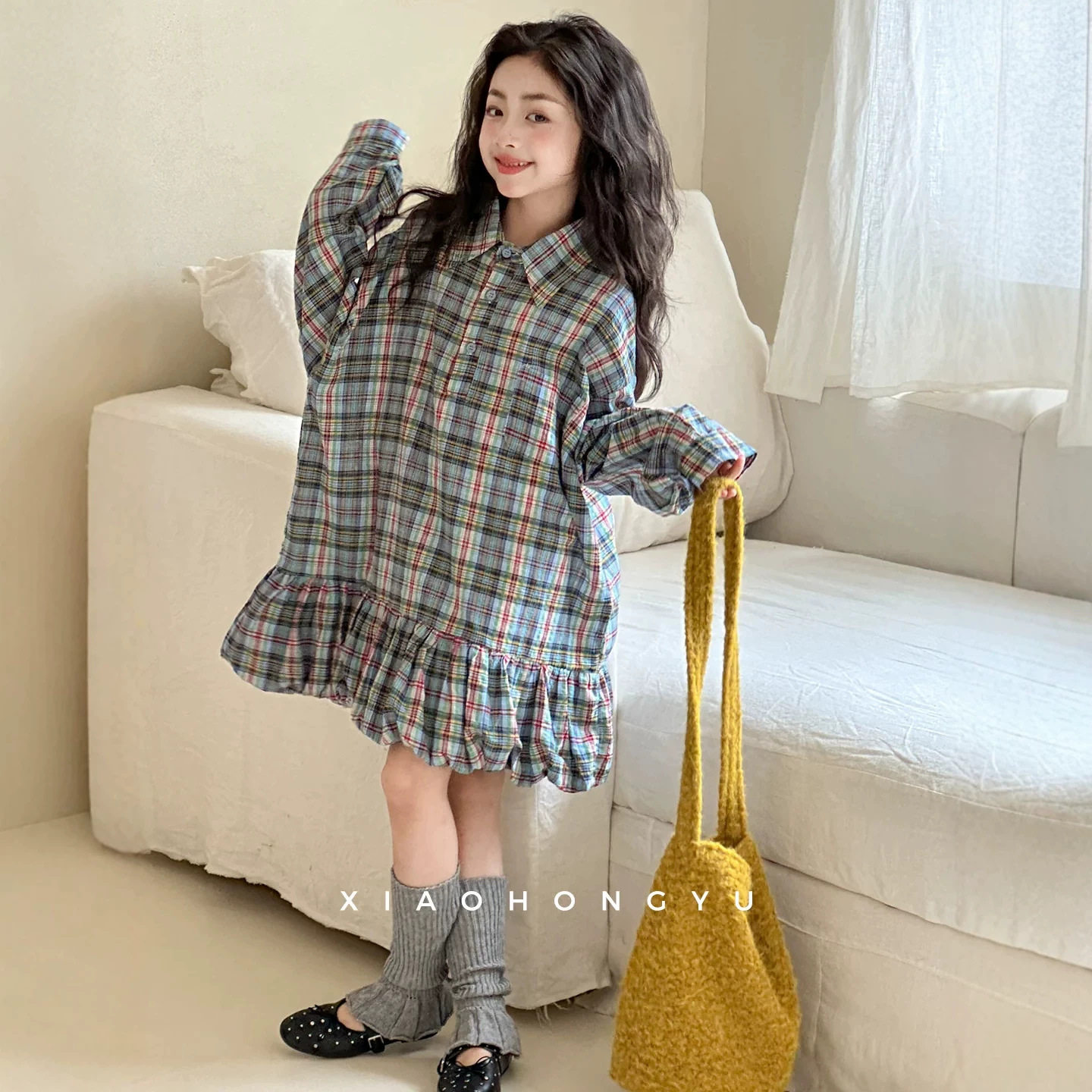 小红鱼女童格子连衣裙秋装森系初中生秋季亲子装衬衫裙子韩国童装