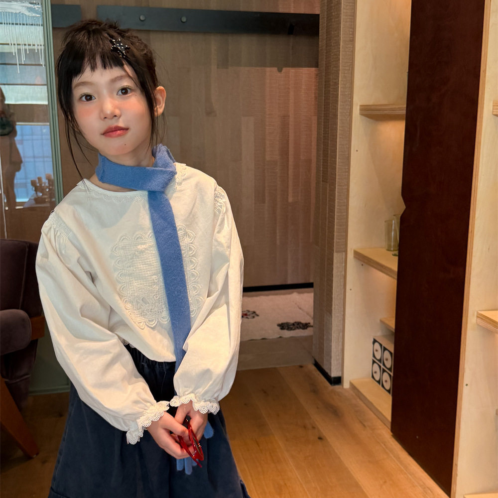 花与寻女童2026秋款韩版花边娃娃衫儿童刺绣蕾丝泡泡袖百搭长袖潮