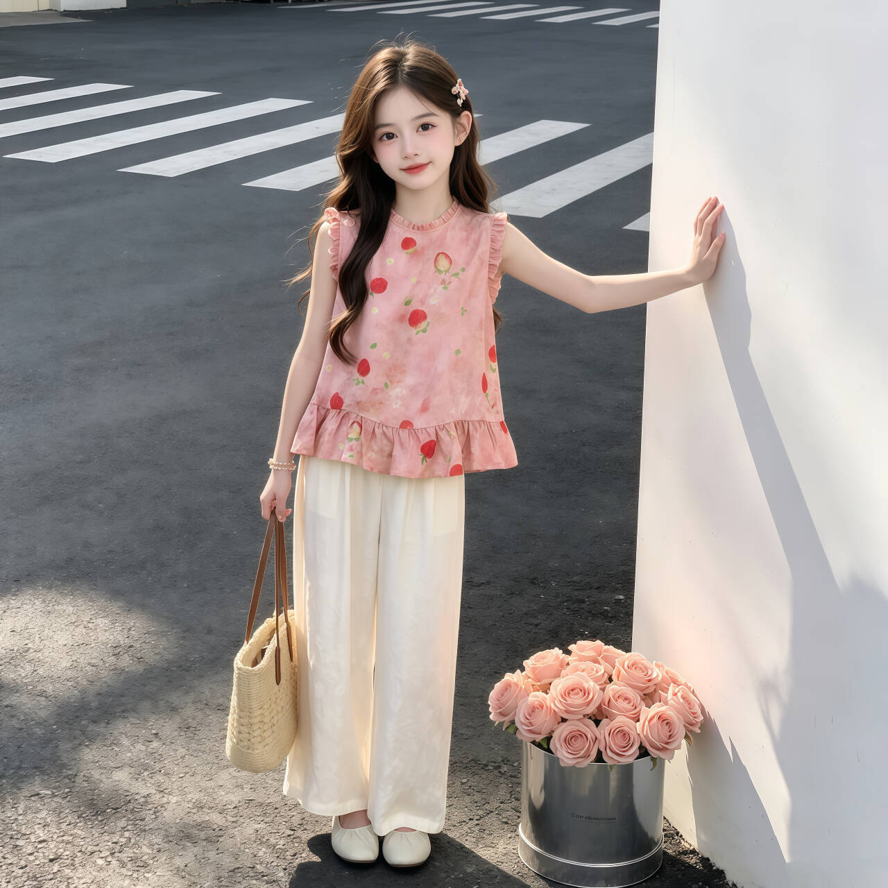 新中式国风童装2026夏季新款儿童无袖花边旗袍女童阔腿裤甜美套装