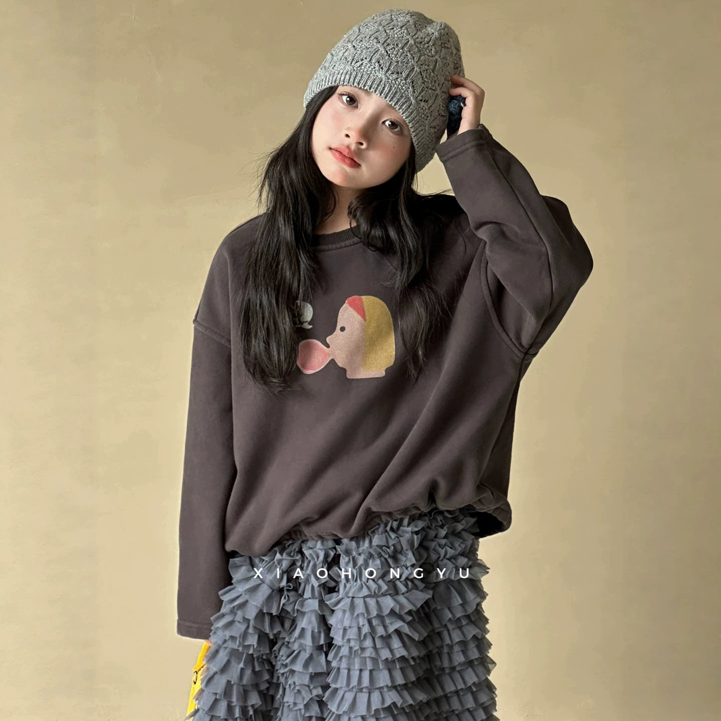 小红鱼卫衣秋装2026新款儿童秋季咖色上衣女童亲子百搭圆领打底衫
