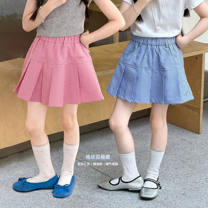 艾摩贝贝儿童夏季休闲韩系学院风半身裙甜妹清新裙子格纹百褶短裙