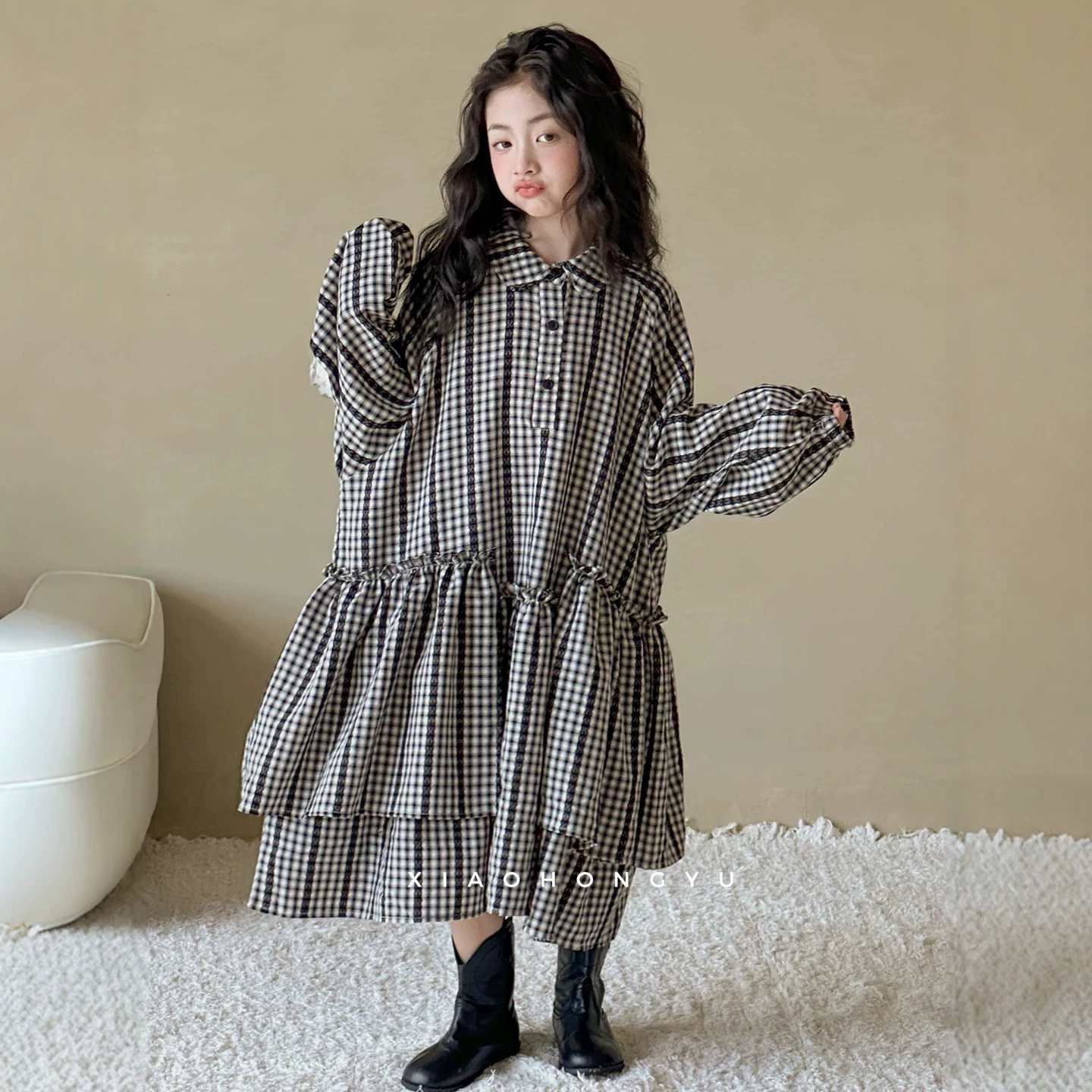 小红鱼女童长袖连衣裙春秋款2026新款秋季格子公主裙儿童亲子装裙