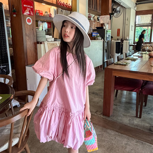 花与寻女童2026新款夏季韩版花苞连衣裙儿童泡泡袖A字裙（含包）