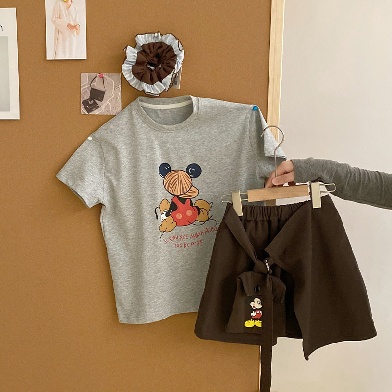 女童韩系卡通印花短袖T恤两件套儿童夏季简约洋气百搭裤裙套装潮