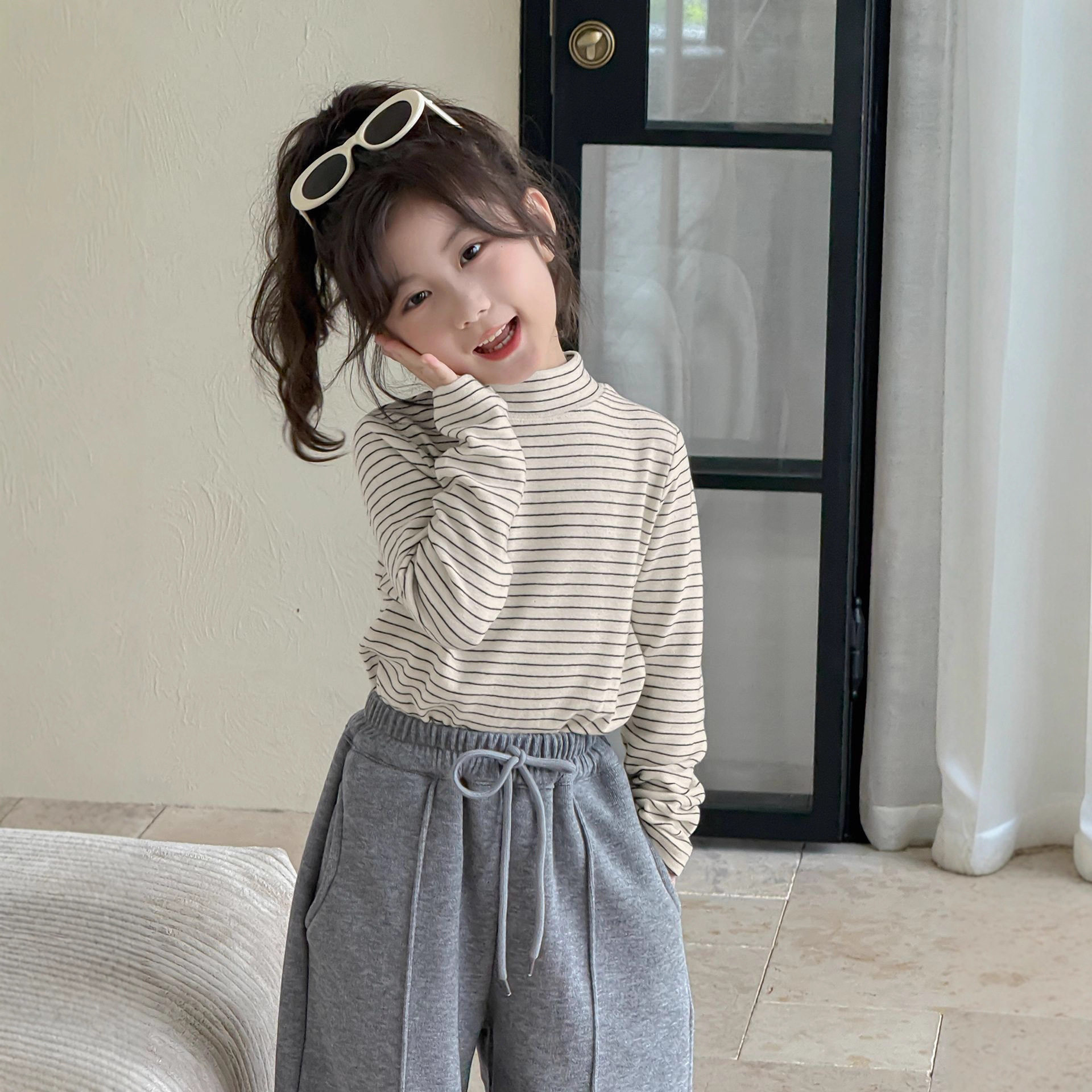 童森童马女童条纹打底衫秋冬款2025新款儿童半高领保暖上衣童装潮