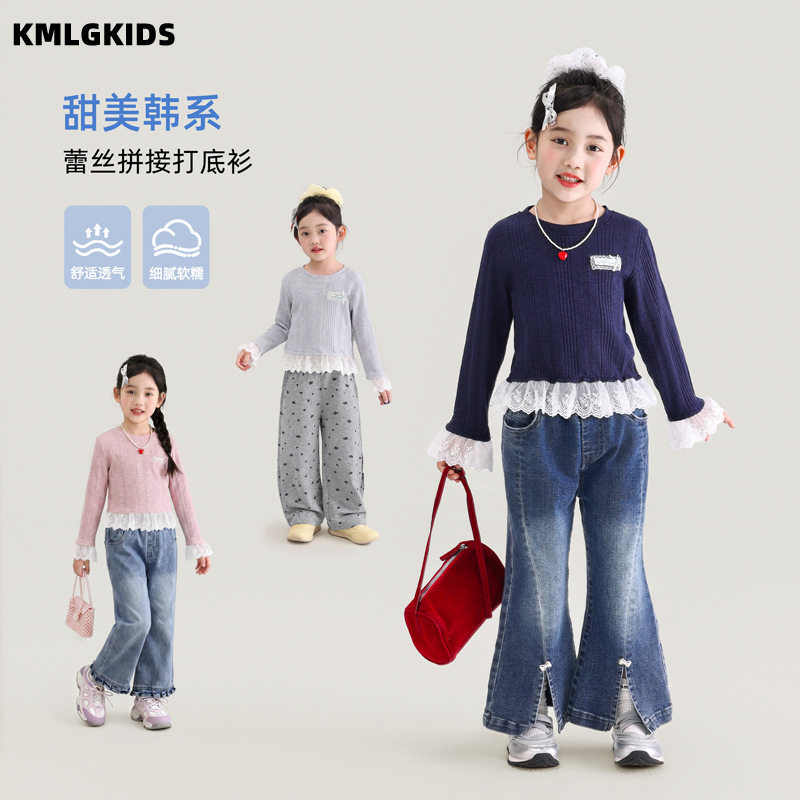 【现货包邮】 2026秋季新款休闲女孩中小童甜美插肩袖休闲T恤批发