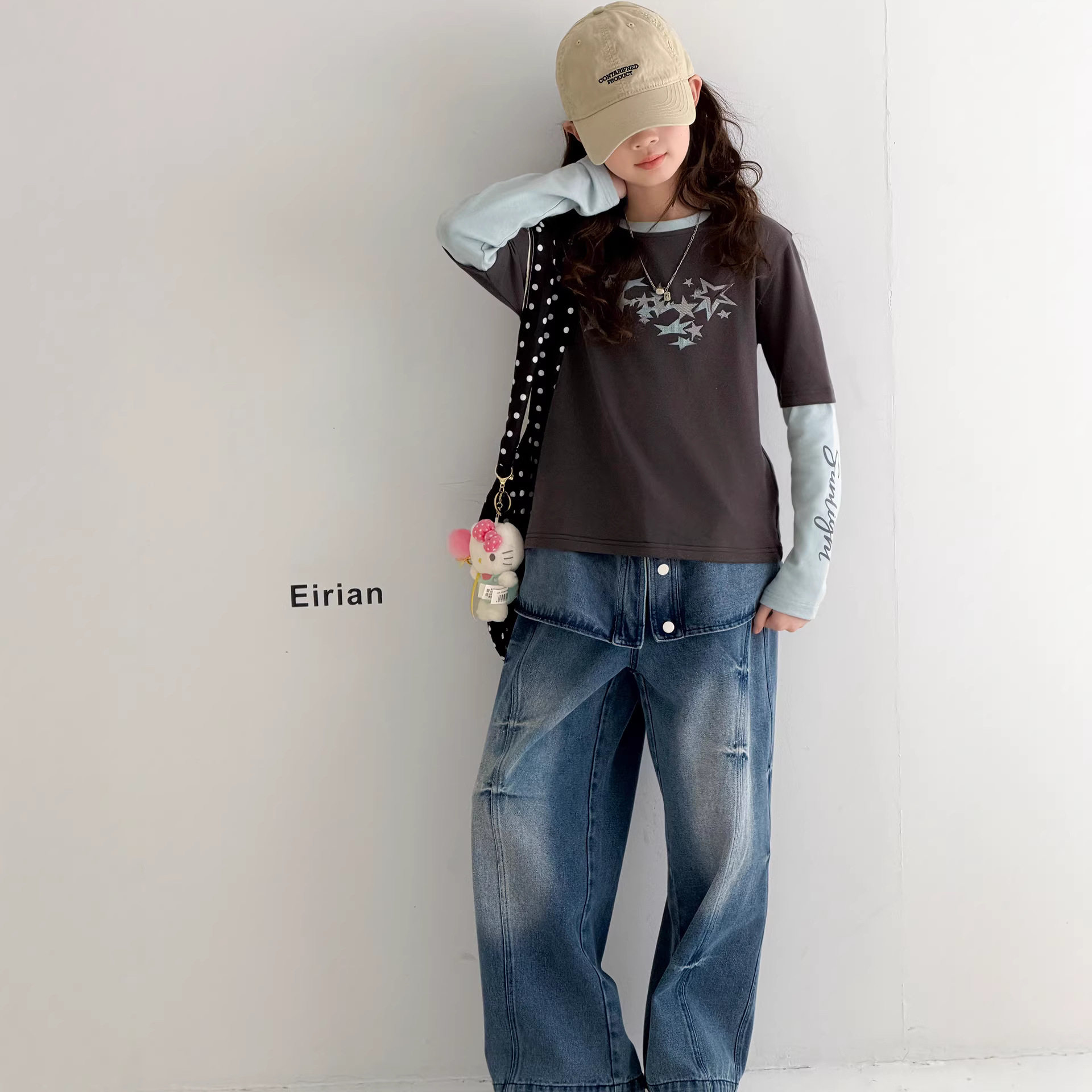 女童春秋打底衫2026新款韩范假两件长袖T恤上衣女孩春装时尚卫衣9