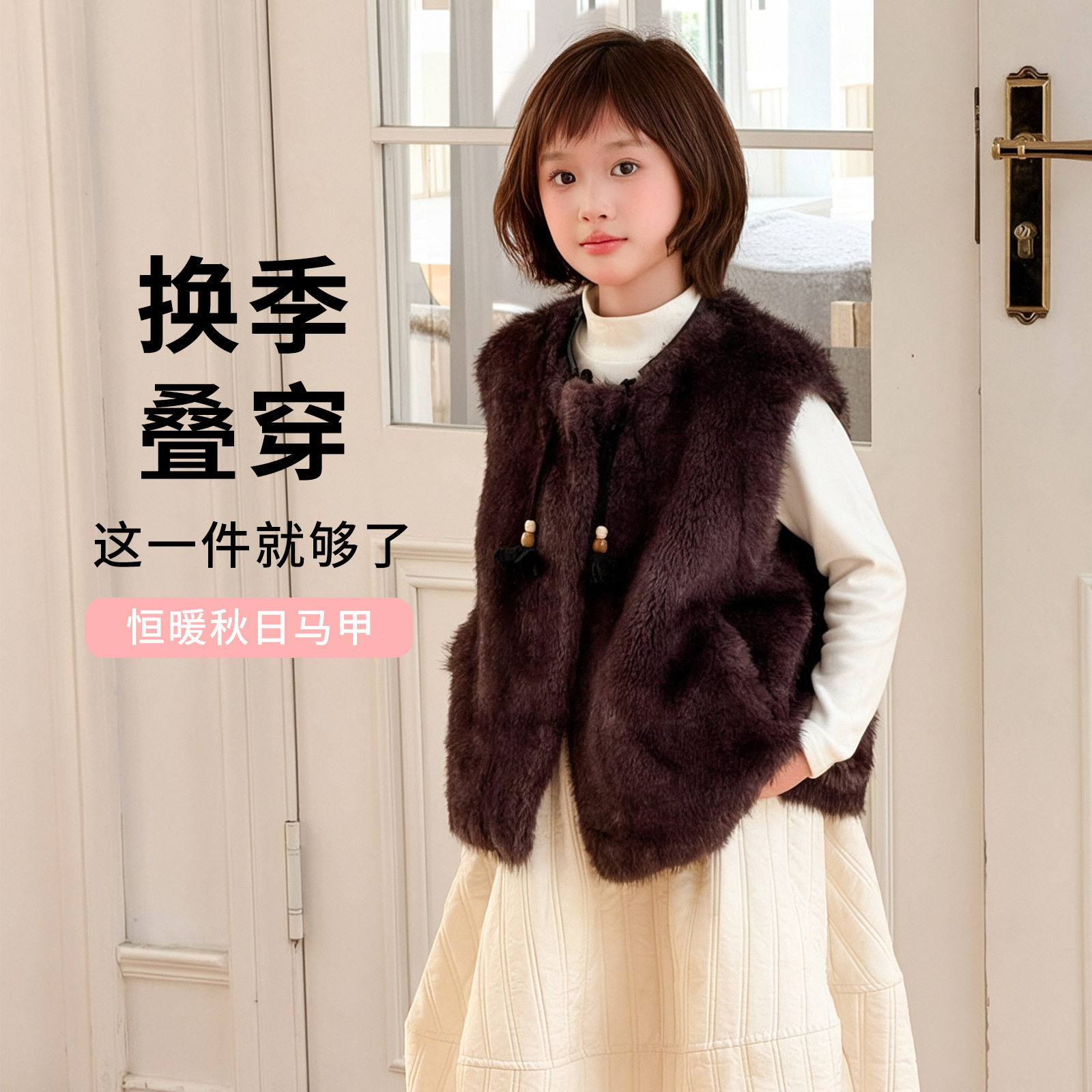 秋冬儿童仿水貂毛短款皮草马甲外套坎肩毛毛马夹女童毛绒背心
