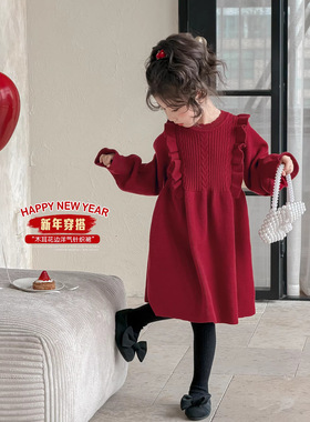 童森童马女童红色连衣裙拜年服毛衣裙新春战袍儿童新年衣服公主裙