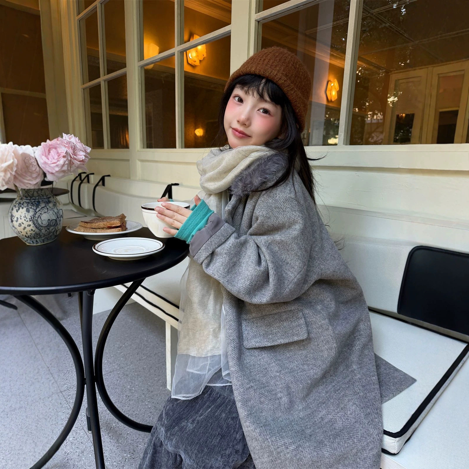 花与寻女童2026年冬款韩版翻领大衣毛领单排扣中长款保暖呢子大衣