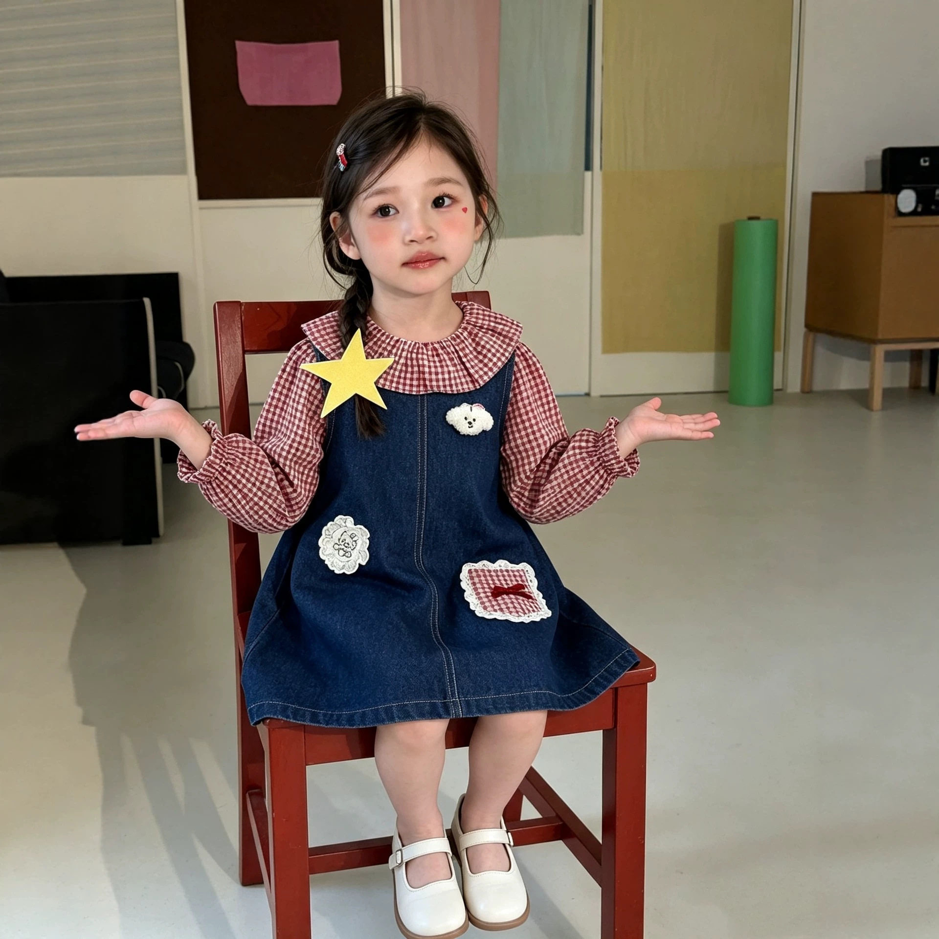 女童牛仔背带裙两件套秋季新款格子翻领衬衫套装儿童跨境外贸童装