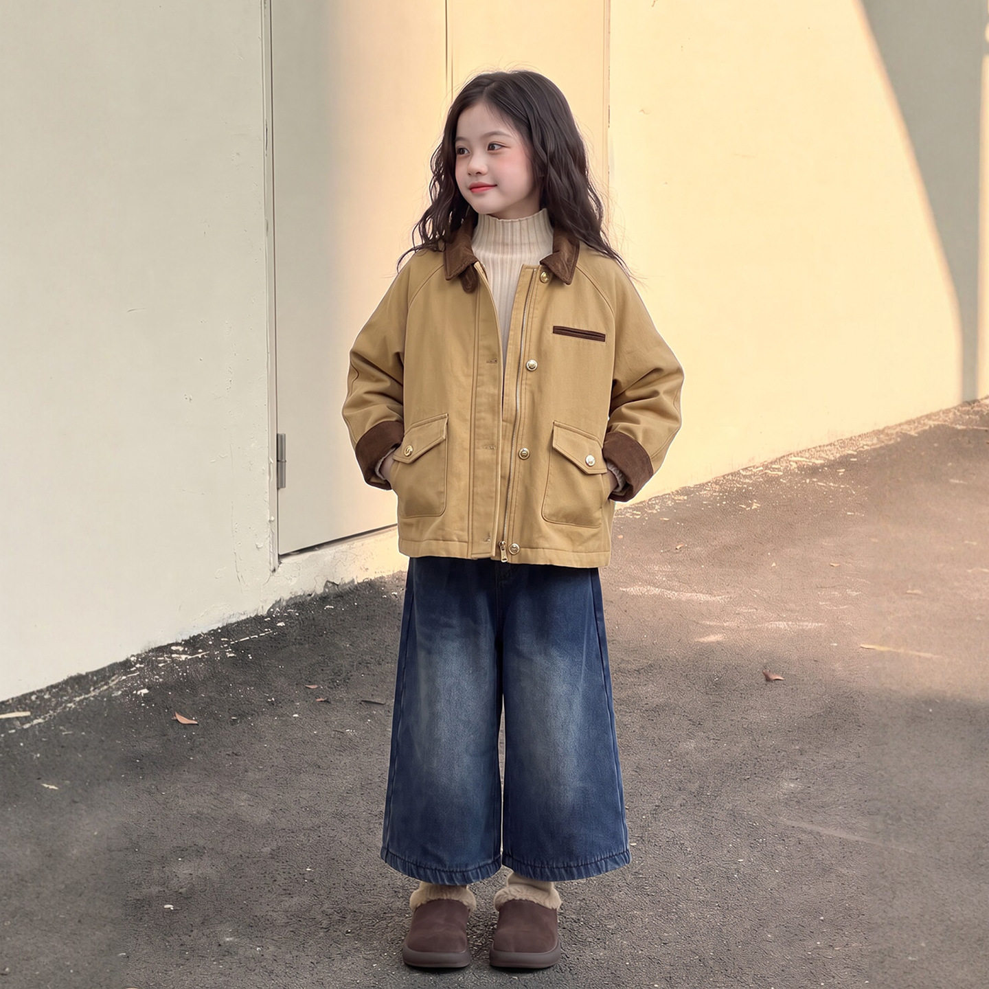 巴恩风儿童外套女款秋冬季2026新款初中生女孩棉服夹克卡其色上衣