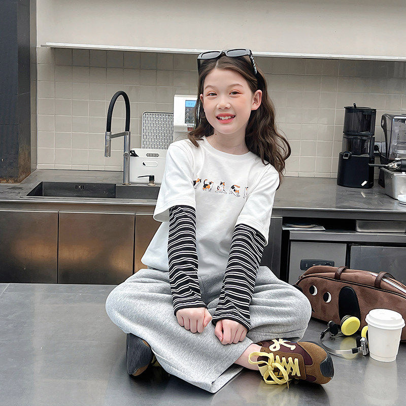 女童短装假两件白t恤儿童修身长袖上衣大童打底衫2026春秋装新款
