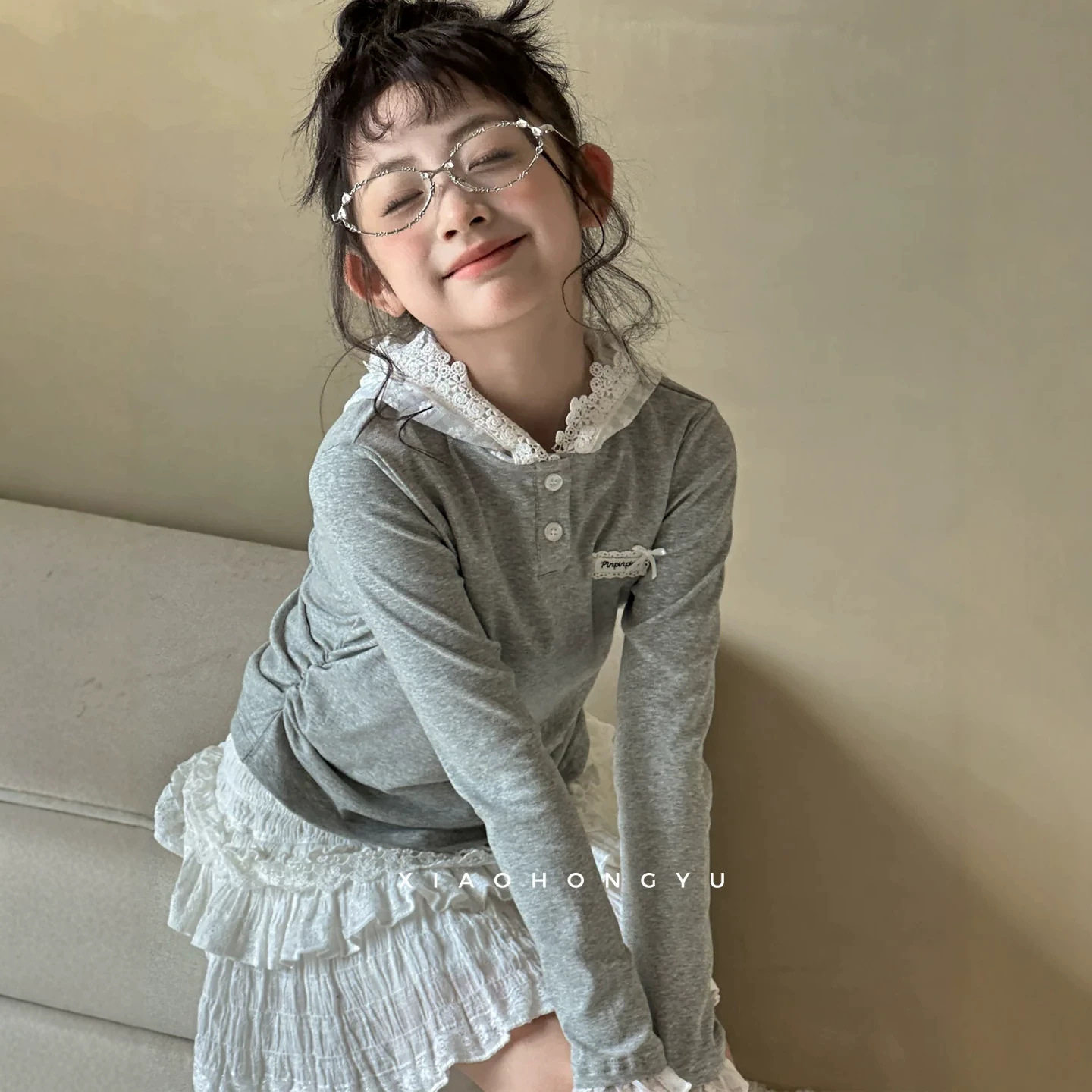 小红鱼女童连帽长袖T恤秋装2026新款秋季花边上衣儿童亲子装帽衫