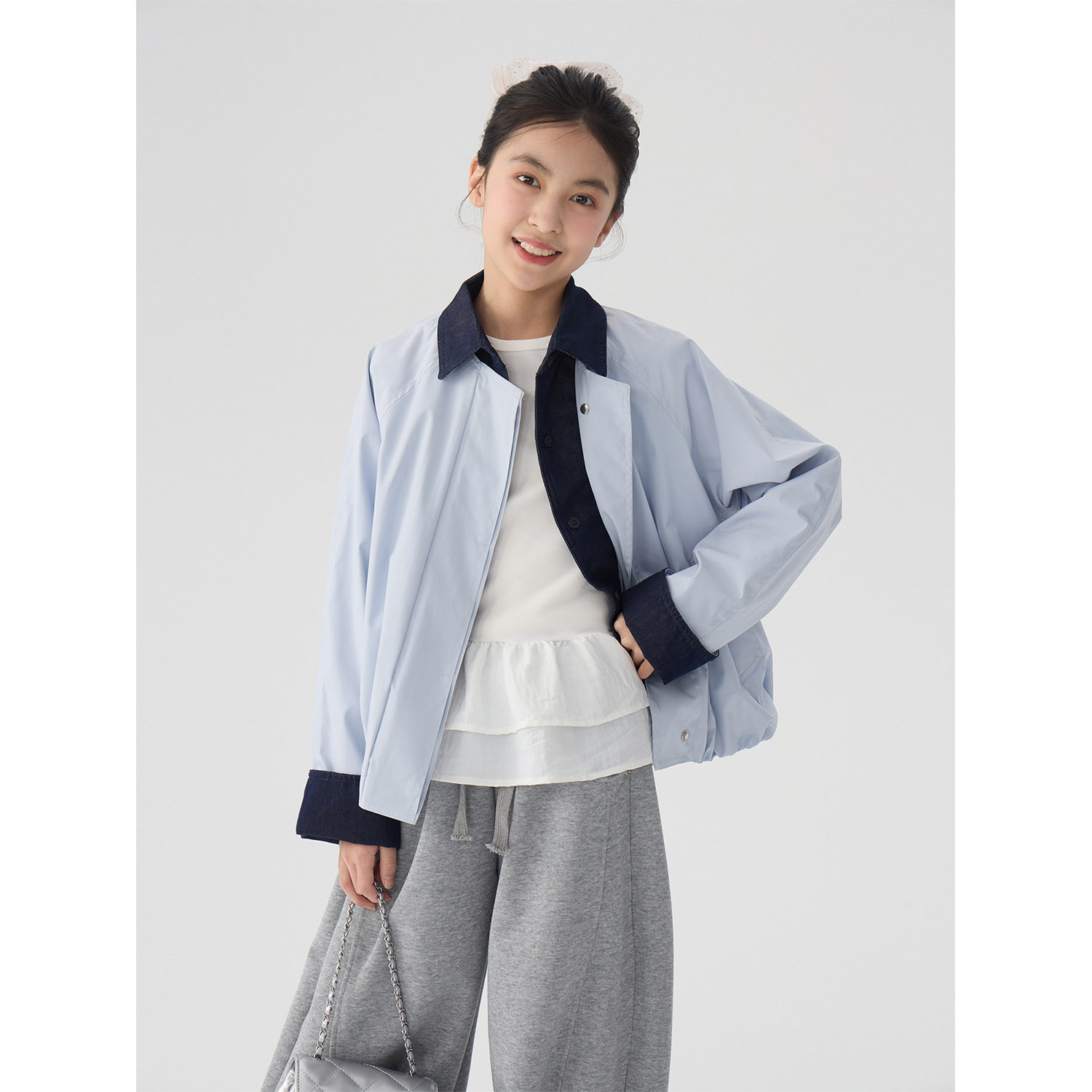 女童巴恩风短款外套2026春装新款儿童撞色拼接假两件翻领夹克上衣