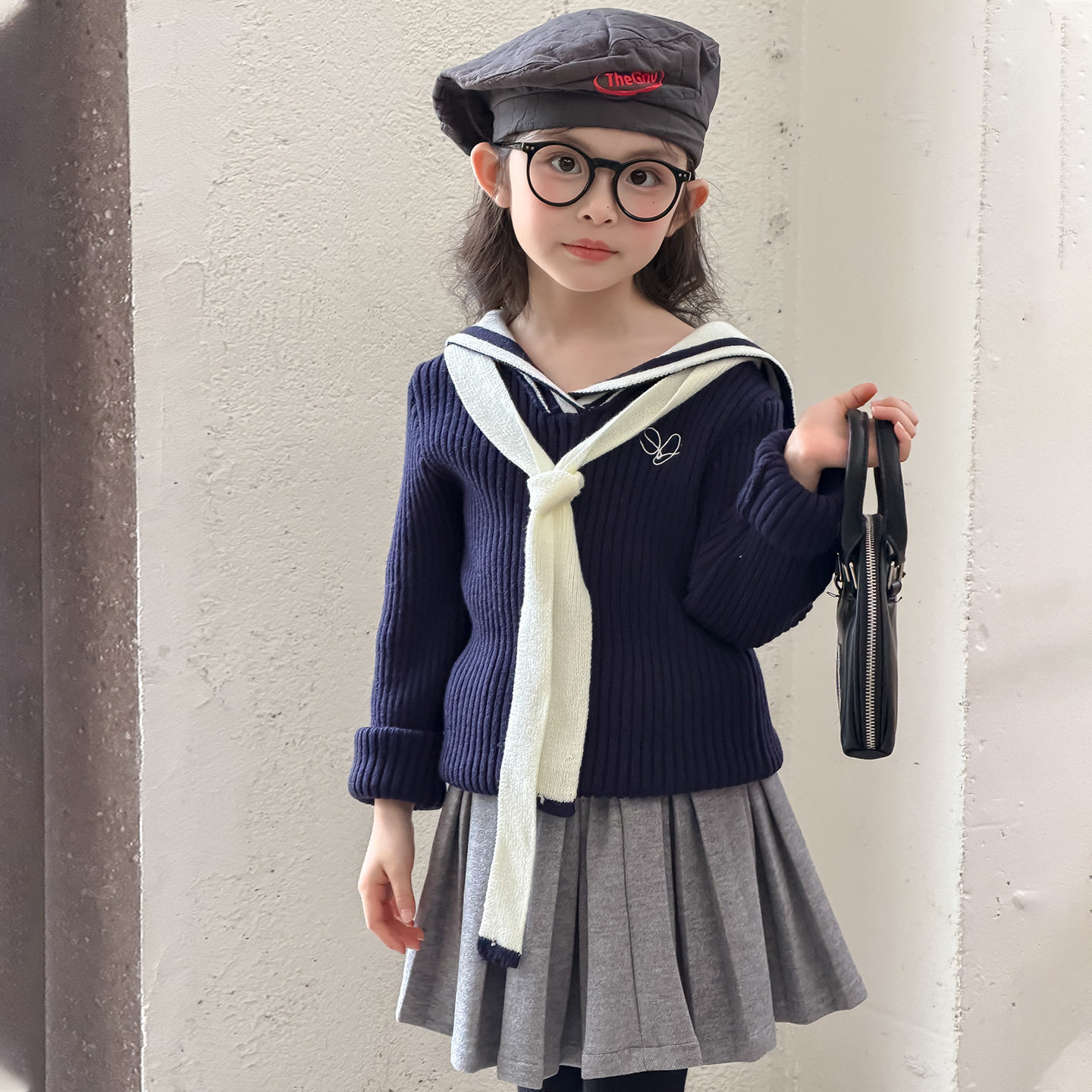 女童秋季海军领针织衫2026新款儿童复古毛衣秋装中大童时髦上衣潮