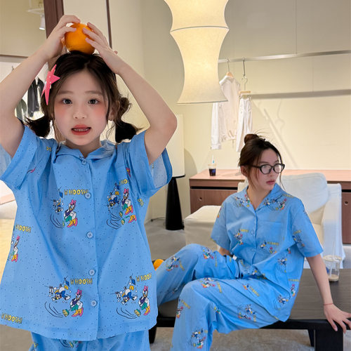 花与寻女童家居服2026夏季米妮印花薄款翻领开衫亲子家居服套装潮