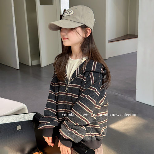YOJIA女童外套秋季2026新款洋气韩版童装拉链衫连帽上衣儿童秋装