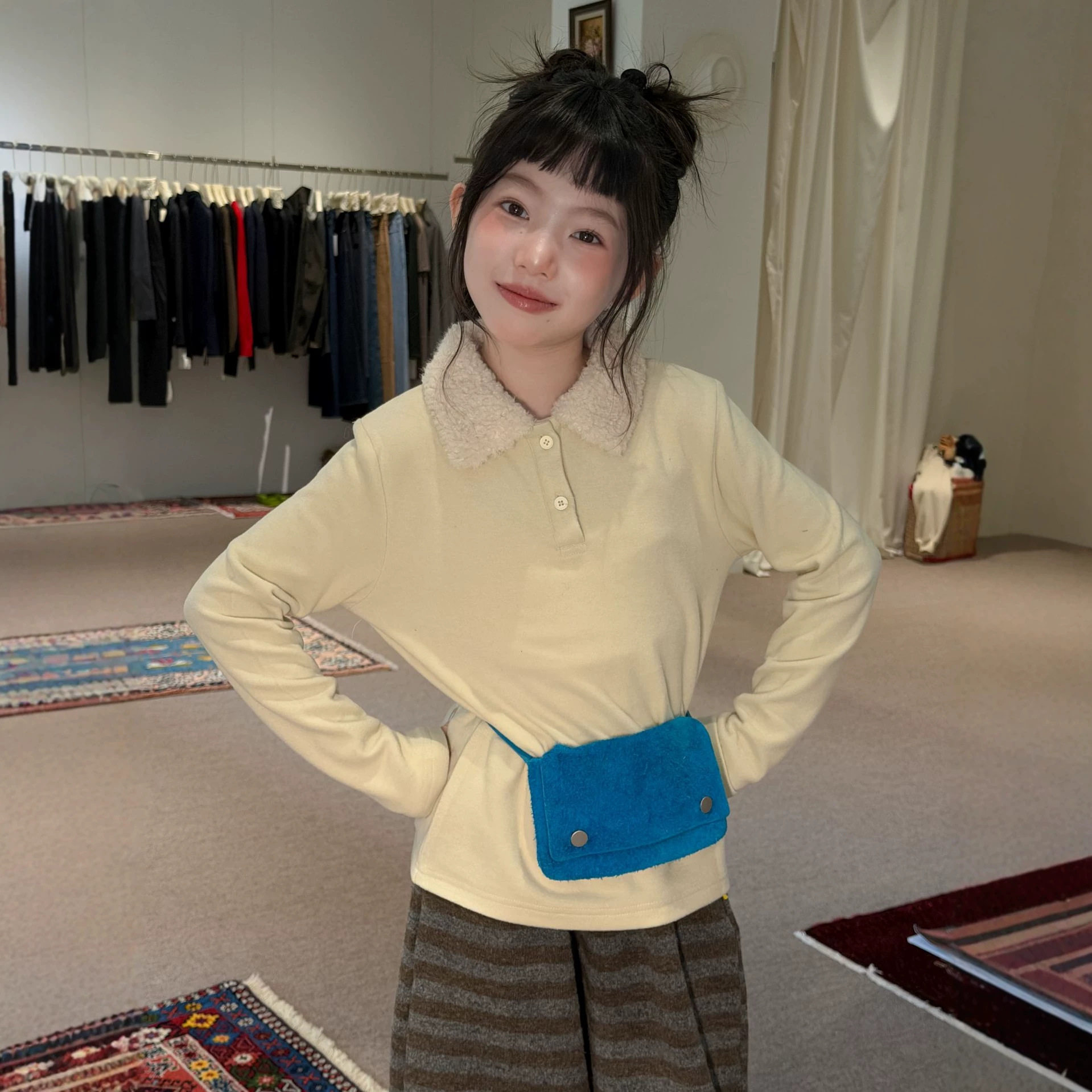 花与寻女童2026年冬款韩版翻领T恤毛绒Polo领加厚德绒儿童打底衫