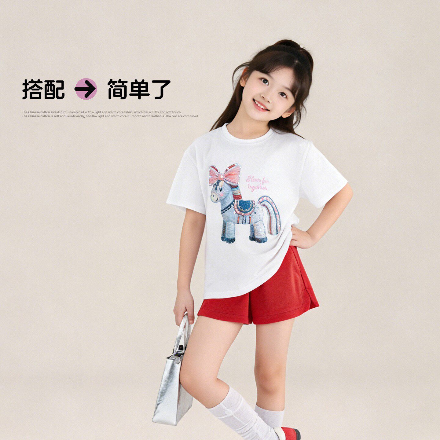 图图小象童装女童A类短袖T恤2026新款儿童夏季中大童亮钻小马上衣