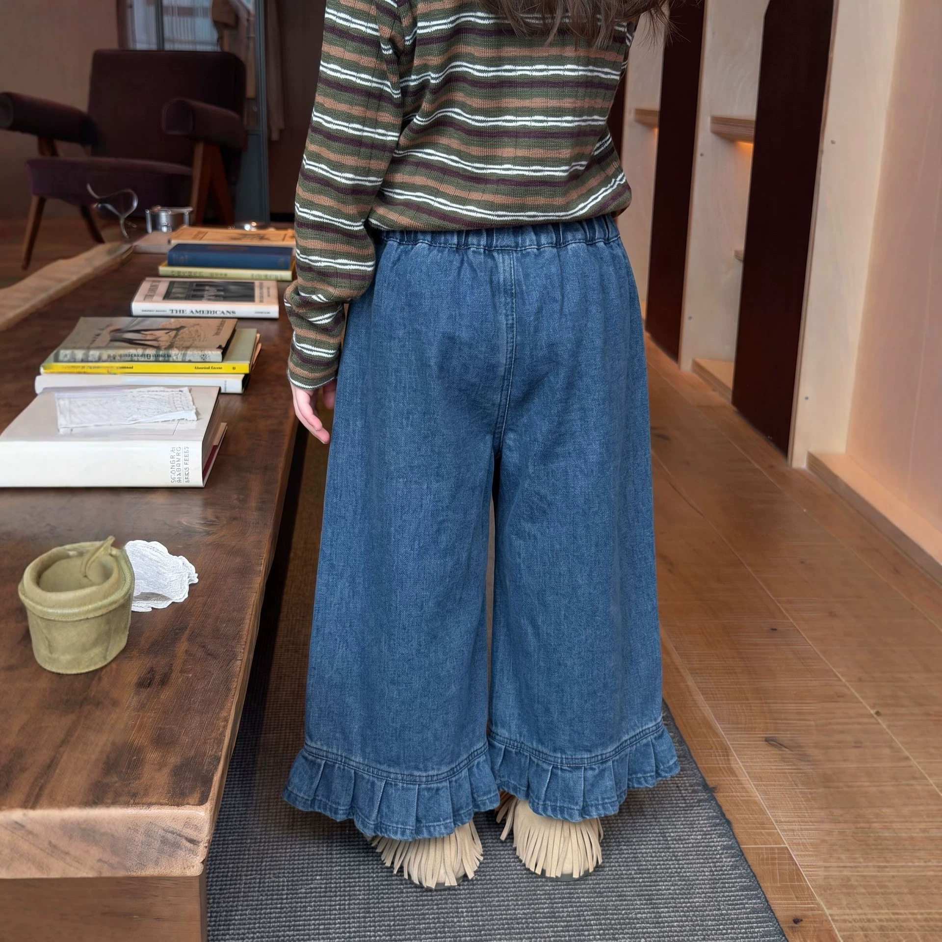 女童秋季2026新休闲百搭裤子儿童韩版甜美花边直筒牛仔裤女孩裤子