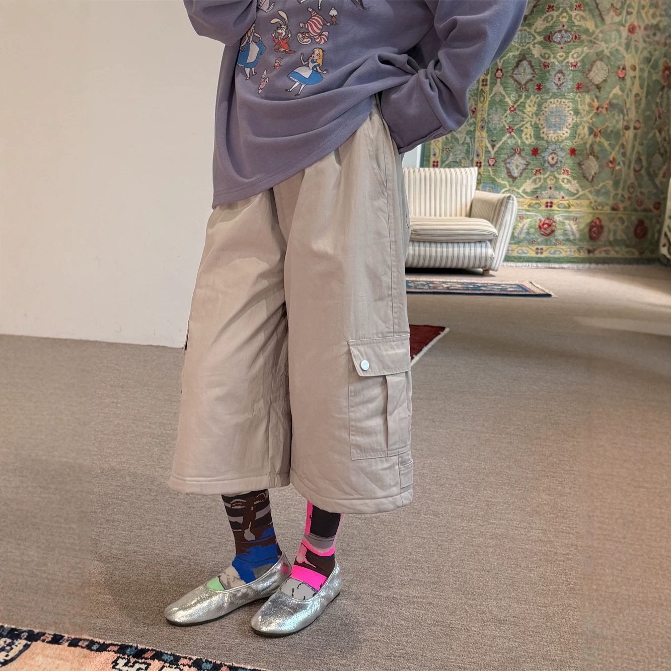 花与寻女童2026年冬款贴袋加棉九分裤宽松直筒侧口袋阔腿休闲裤潮