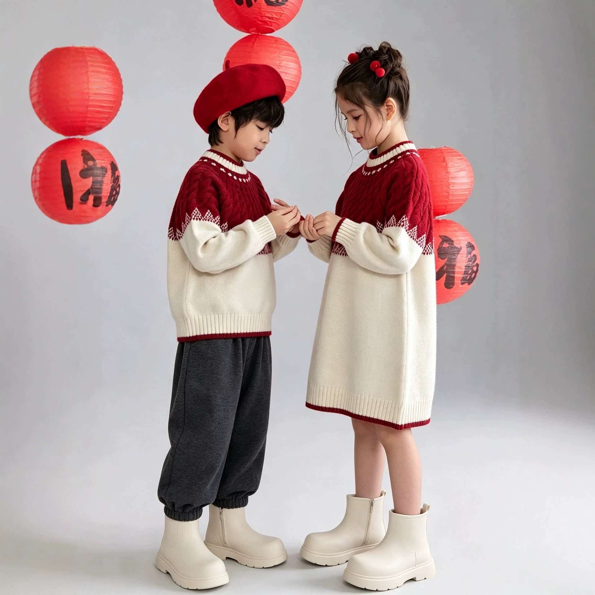 上下拼色毛衣秋冬新款男女童针织衫拜年服兄妹红色圆领新年服跨境