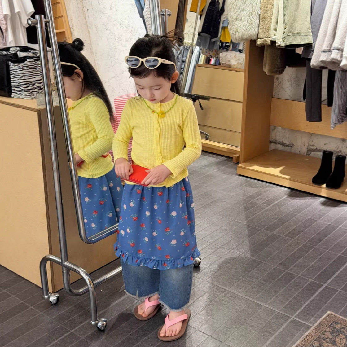 现货女童春装新款针织开衫外套碎花屁帘单排扣上衣时尚圆领外衣