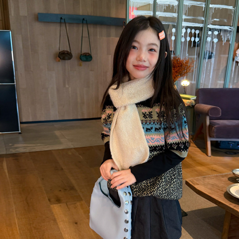 花与寻童装女童毛衣2026秋季新款儿童费尔岛小鹿提花毛衣休闲百搭