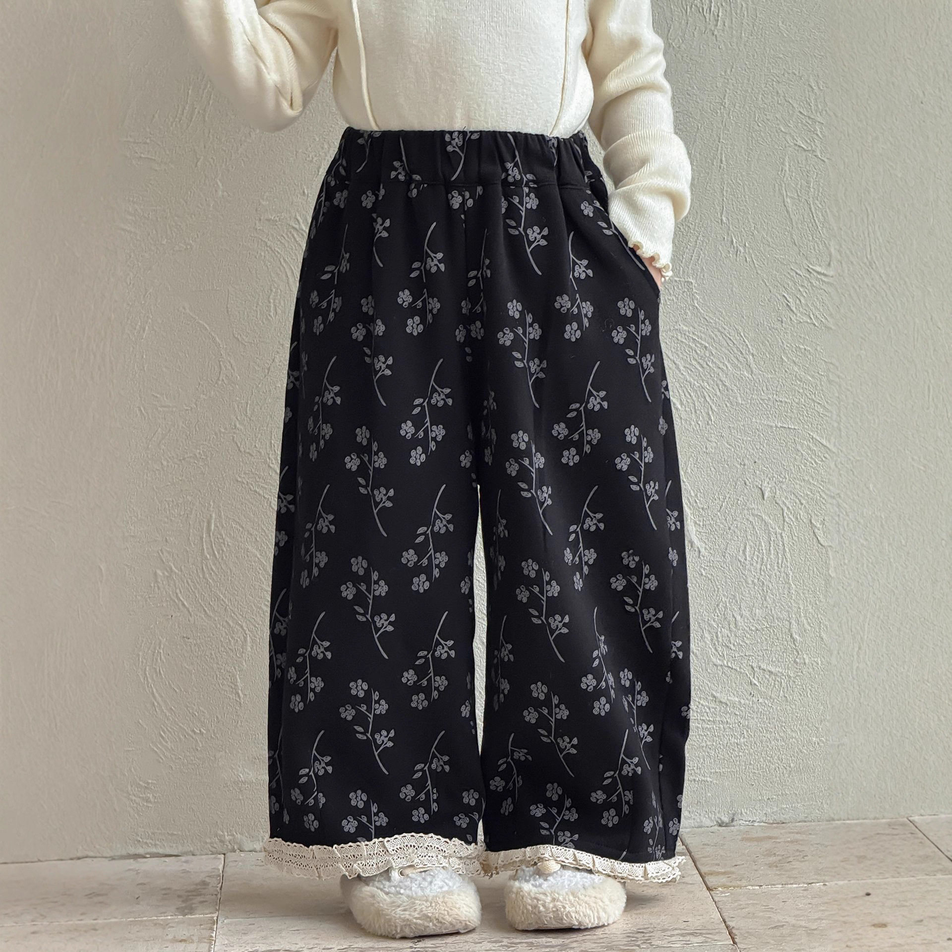 童森童马女童加绒裤子秋冬2025长裤宽松阔腿裤森系儿童碎花休闲裤