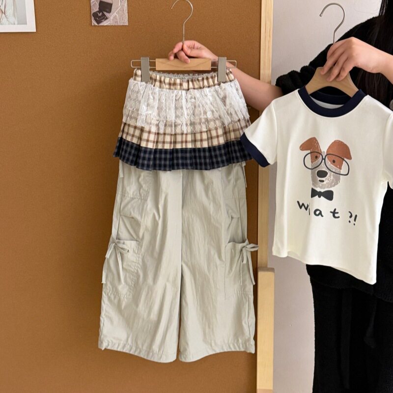 女童套装洋气时髦宝宝T恤长裤春夏季儿童短袖屁帘工装裤子三件套