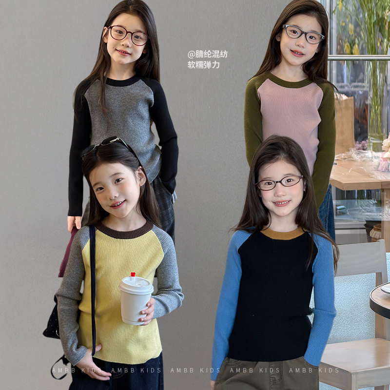 艾摩贝贝韩系女童拼色插肩针织打底衫中大童弹力坑条修身内搭毛衣