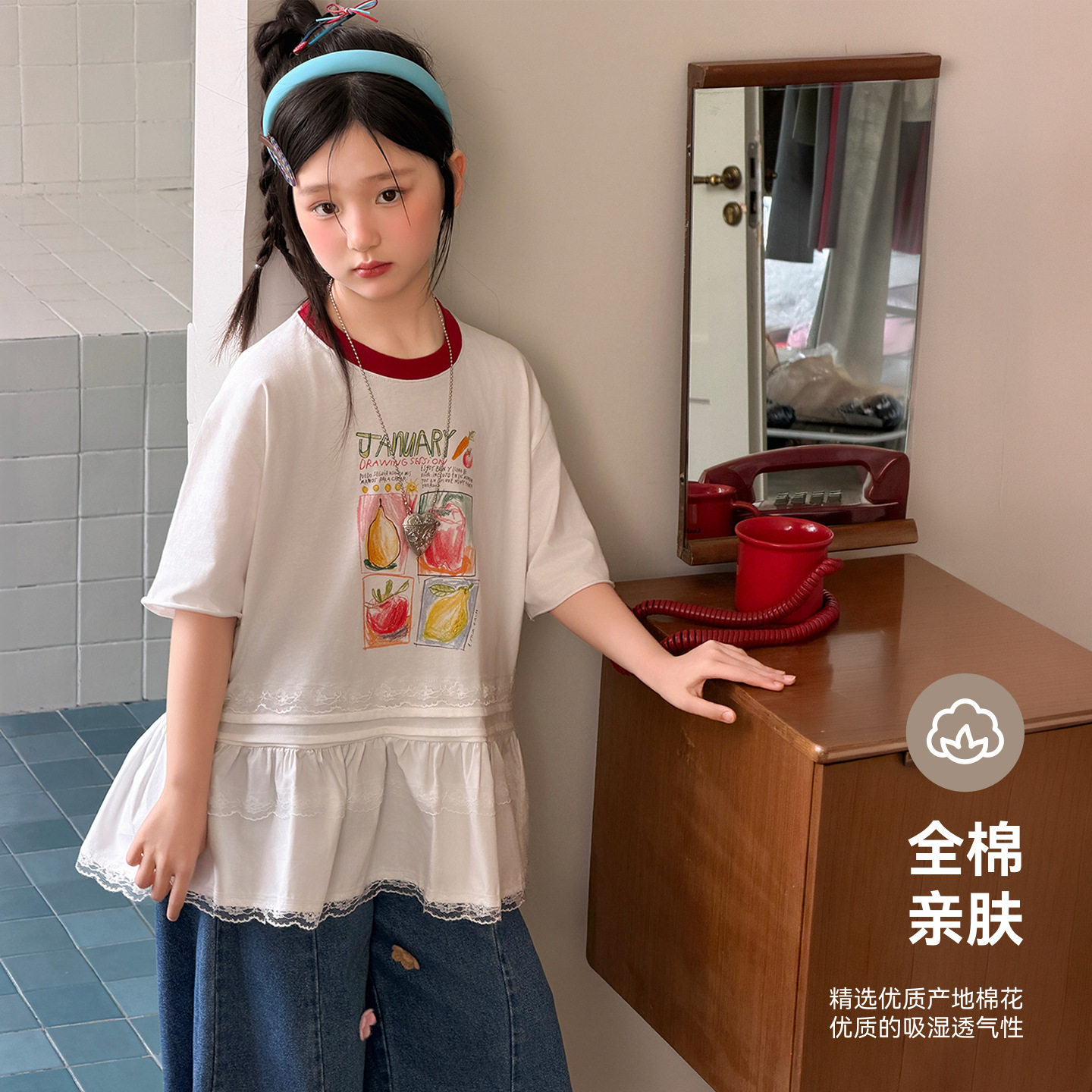 雨晨童装女童全棉亲子T恤2026夏季新款设计感洋气宝宝短袖上衣