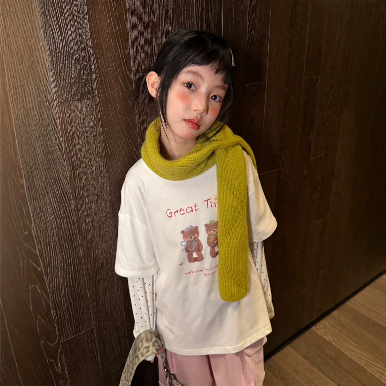 花与寻女童2026秋款韩版波点袖假两件T恤儿童印花叠感长袖上衣潮