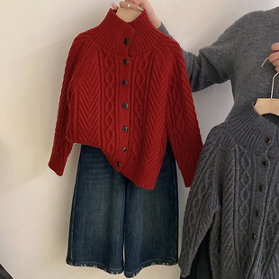 女童新款秋冬毛衣开衫加厚麻花慵懒风复古九分加绒牛仔裤两件套潮