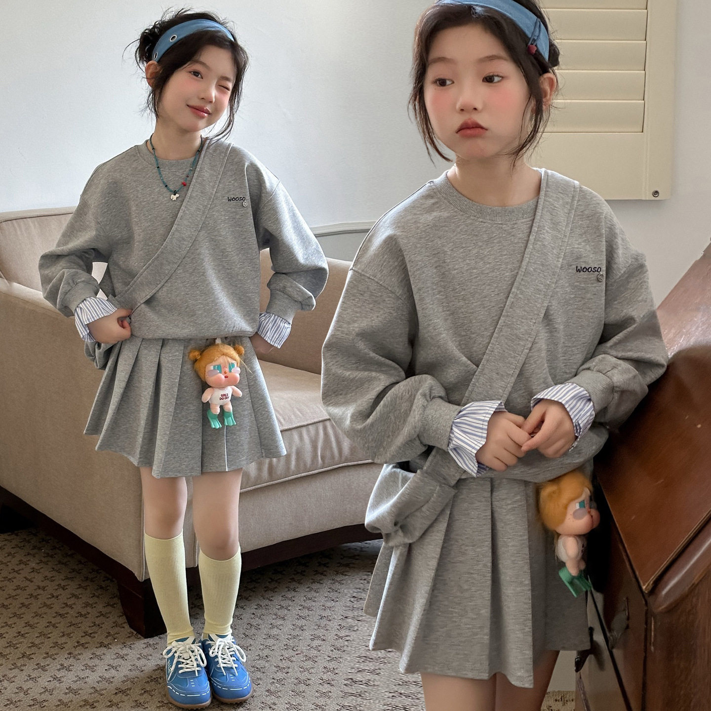 女童套装春秋款2026新款洋气女孩袖口拼接条纹卫衣中大童装百褶裙