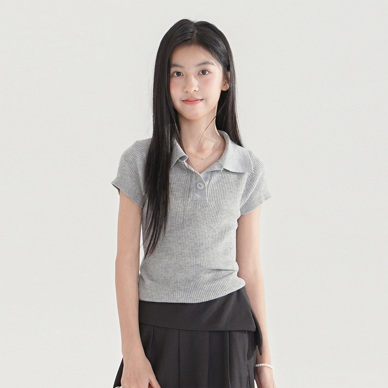 女童高智老钱v领针织衫2026夏装新款儿童短款百搭潮流修身半袖t恤