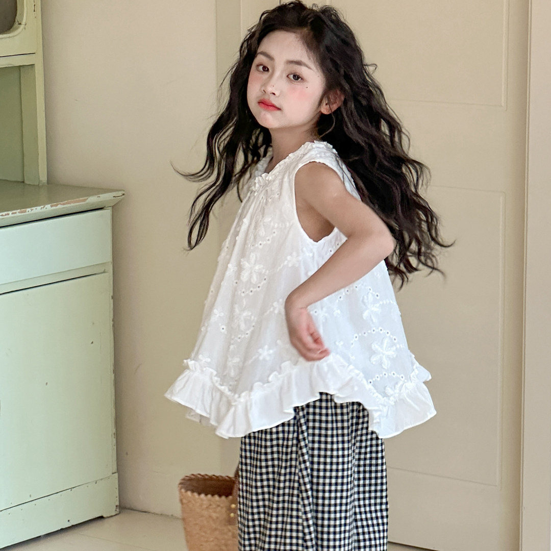 小红鱼女大童无袖娃娃衫夏季薄款2026年韩国童装女童夏装亲子衬衣