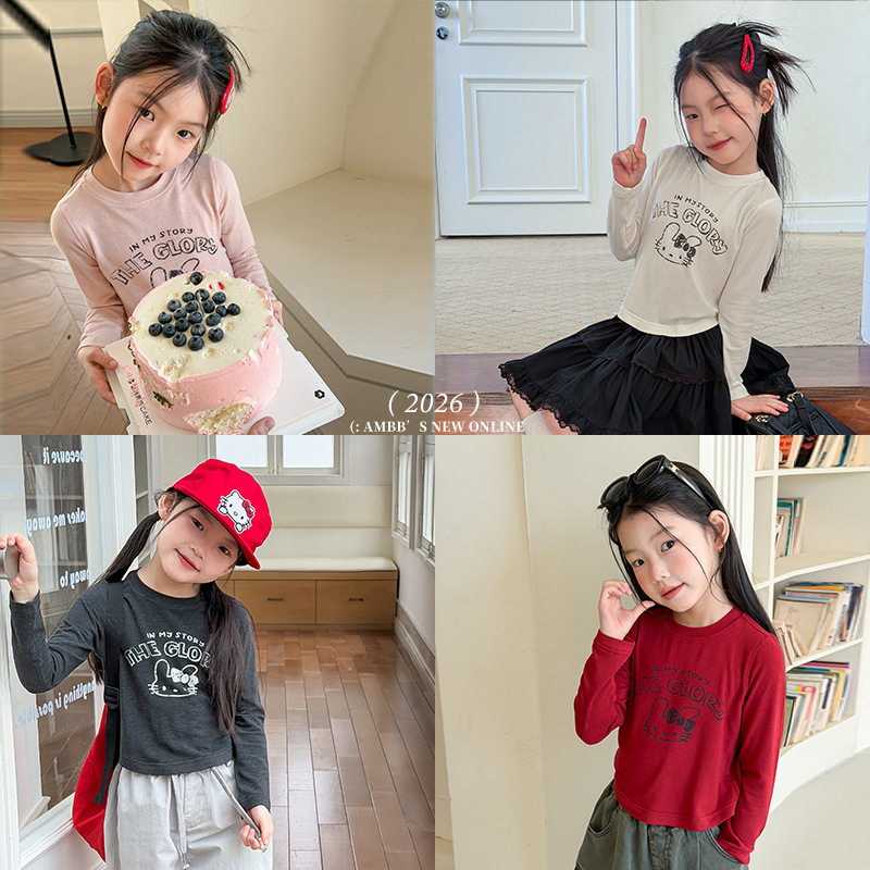 艾摩贝贝女童时髦轻薄猫咪图案打底衫防晒长袖T恤短款修身上衣