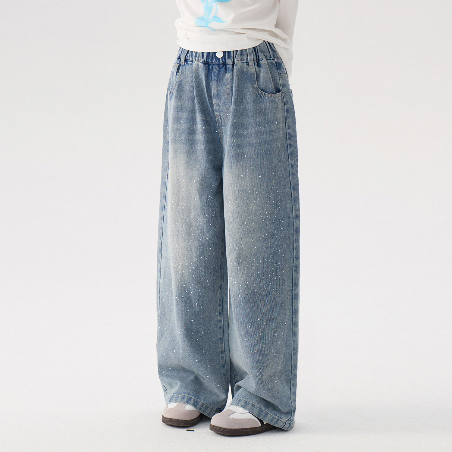 女童烫钻牛仔裤2026春装新款儿童中大童洋气宽松阔腿裤休闲直筒裤