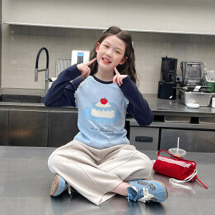 儿童修身插肩袖t恤女童洋气长袖短装上衣大童打底2026春秋装新款