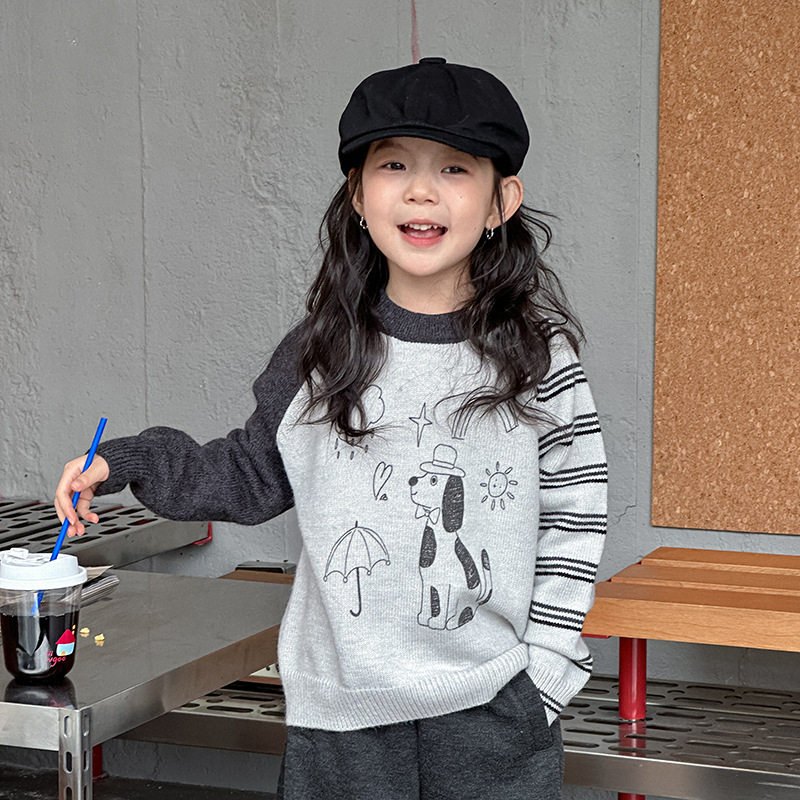 女大童儿童可爱小狗拼接插肩毛衣男女童中性风绵羊毛针织上衣